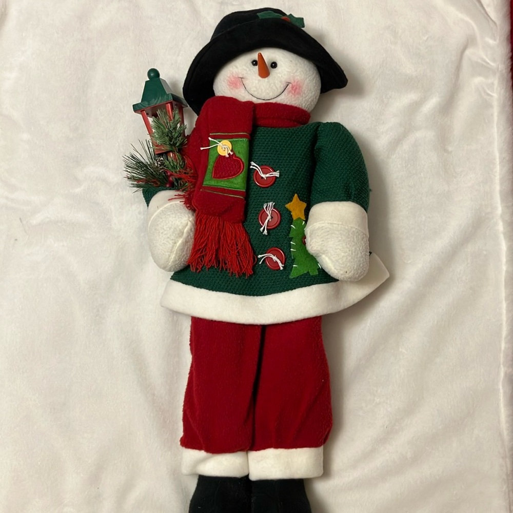Holiday Standing Snowman holding Lamp with green sweater and scarf 2 foot tall